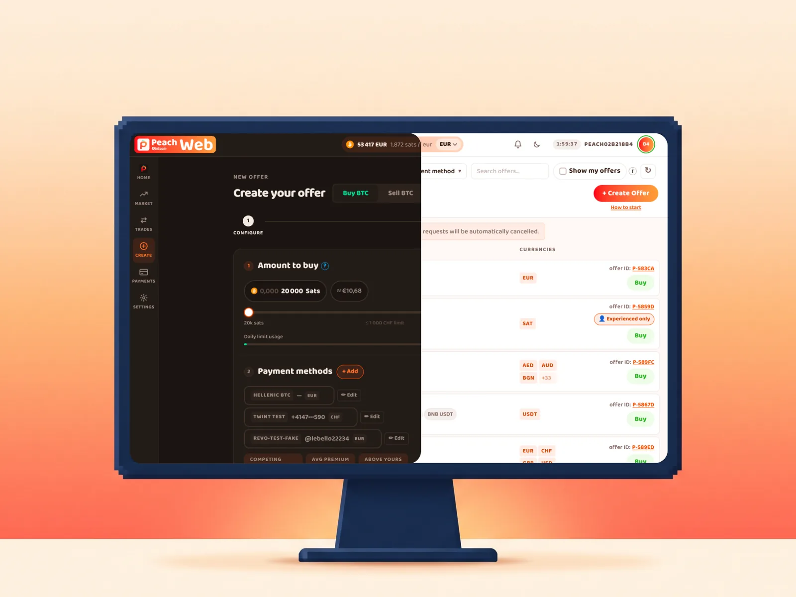 The Peach web app showing the bitcoin order book in a desktop browser